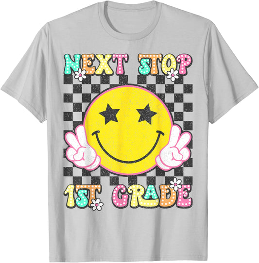 Groovy Next Stop 1st Grade Kindergarten Graduation 2025 T-Shirt - T-Shirt | Ash