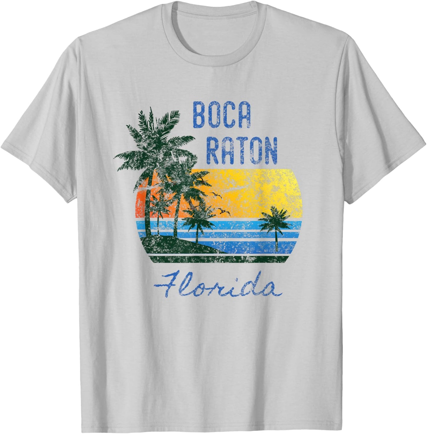 Retro Cool Boca Raton FL Distressed Palm Tree Sunset Novelty T-Shirt - T-Shirt | Ash