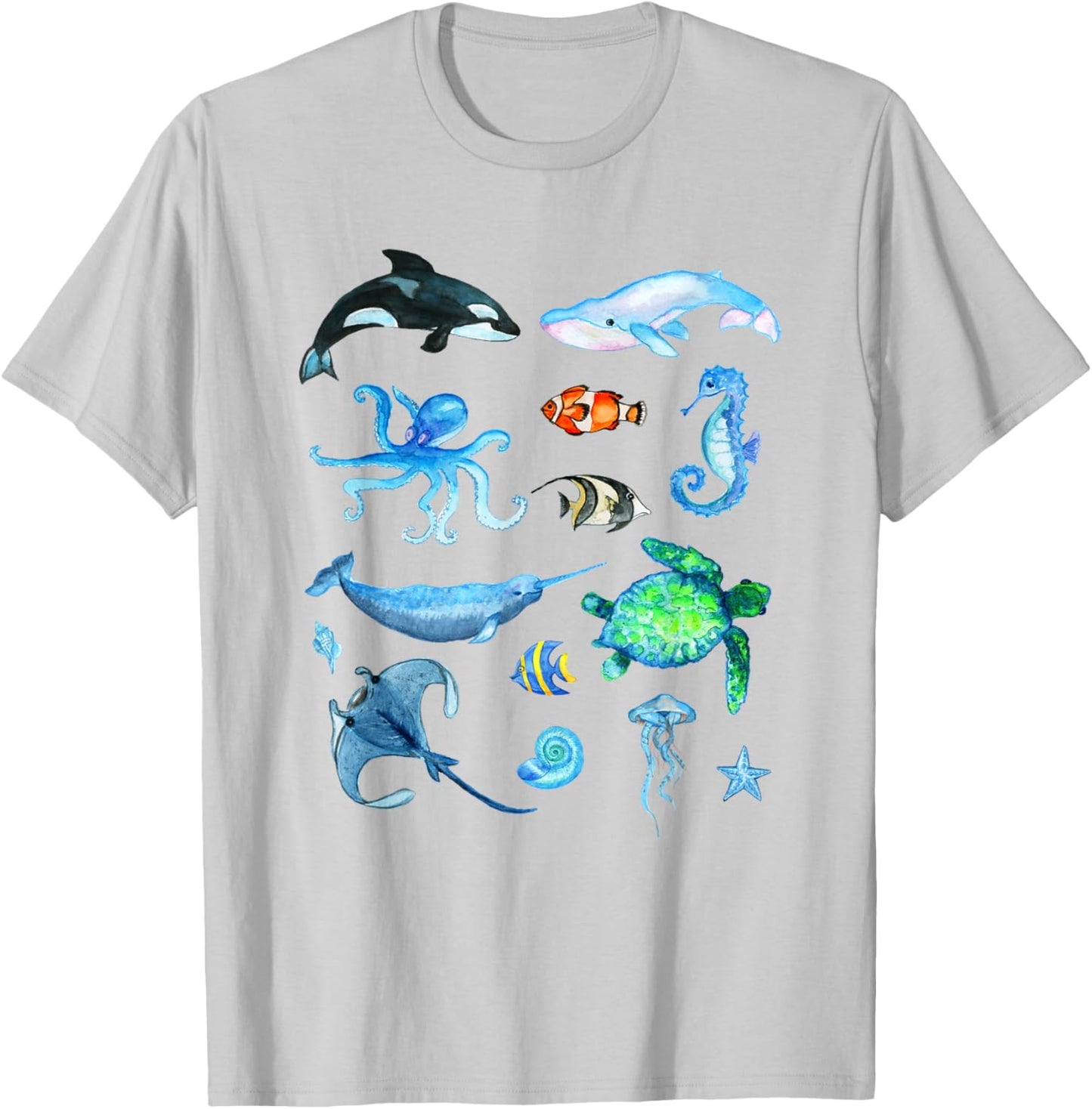 Watercolor Sea Animals Kids Ocean Wildlife T-Shirt - T-Shirt | Ash
