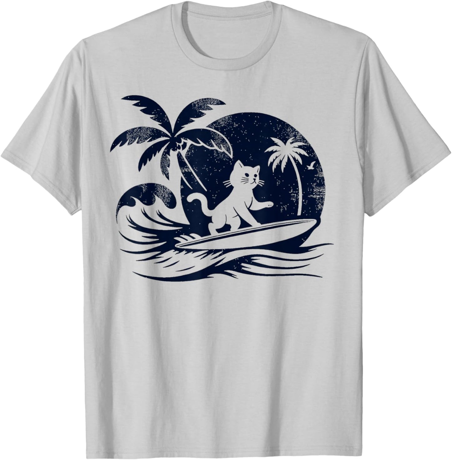 Cat Surfing Wave at Tropical Ocean Vintage Surf T-Shirt - T-Shirt | Ash