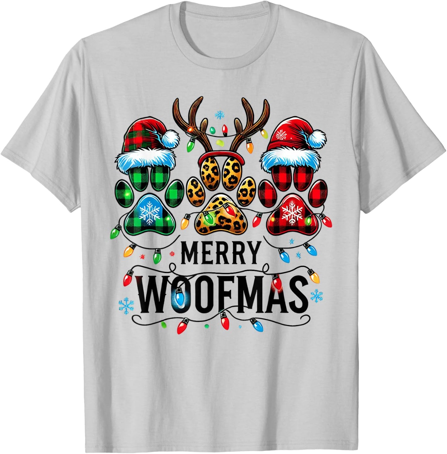 Merry Woofmas Christmas Dog Paws Lights Buffalo Plaid Women T-Shirt - T-Shirt | Ash