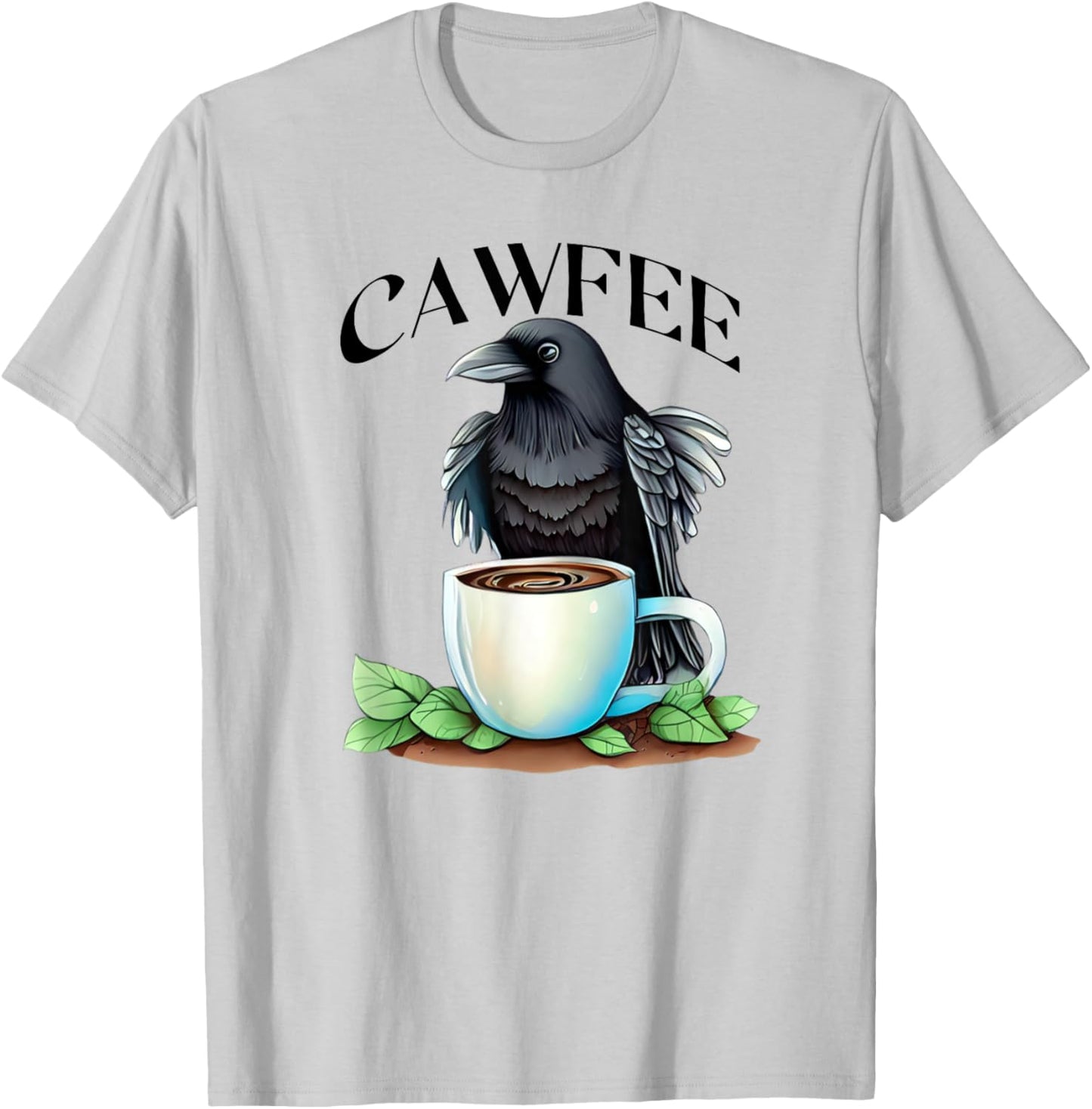 Cawfee Raven Crow Coffee Cup Leaves Bird Lover T-Shirt - T-Shirt | Ash