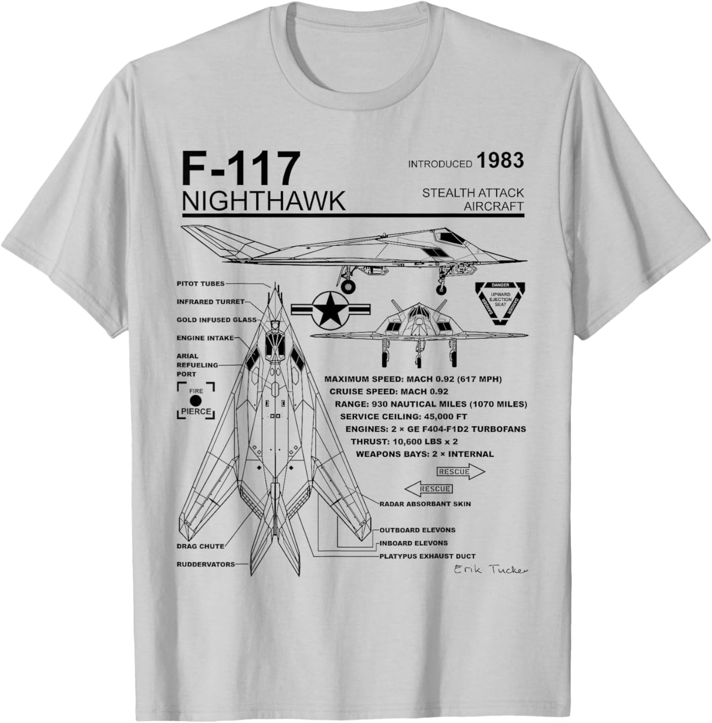 F-117 Nighthawk Stealth Fighter Schematic Infographic T-Shirt - T-Shirt | Ash