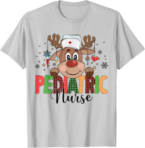 Christmas Pediatric Nurse Reindeer Nursing Xmas T-Shirt - T-Shirt | Ash