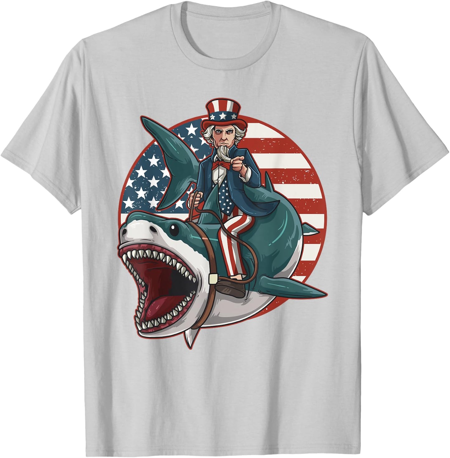 Uncle Sam Riding Great White Shark 4th of July Light T-Shirt - T-Shirt | Ash