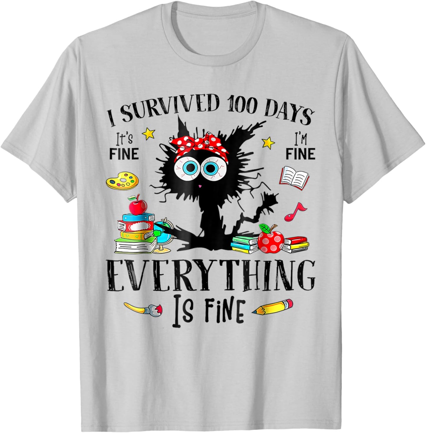 I Survived 100 Days Of School Teacher & Kids Funny Cat T-Shirt - T-Shirt | Ash
