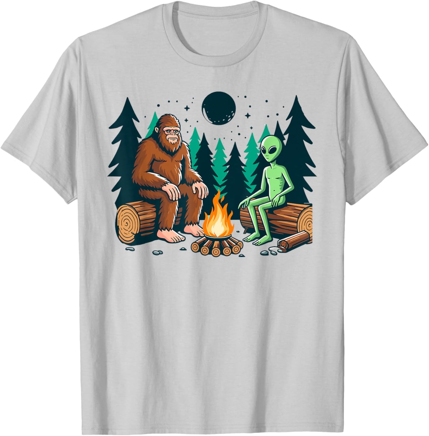 Bigfoot and alien camping sasquatch camp fire T-Shirt - T-Shirt | Ash