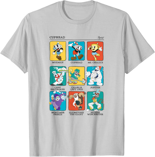 Cuphead Main Characters Colorful Vintage Boxed Up Poster T-Shirt - T-Shirt | Ash