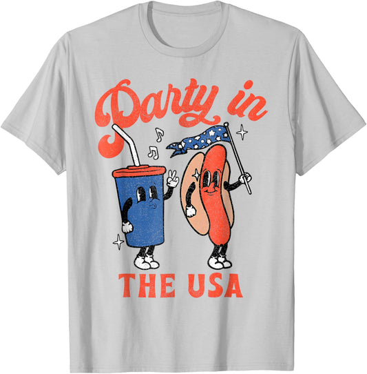 Party In The USA 4th of July Cute Soda And Hotdog Patriotic T-Shirt - T-Shirt | Ash