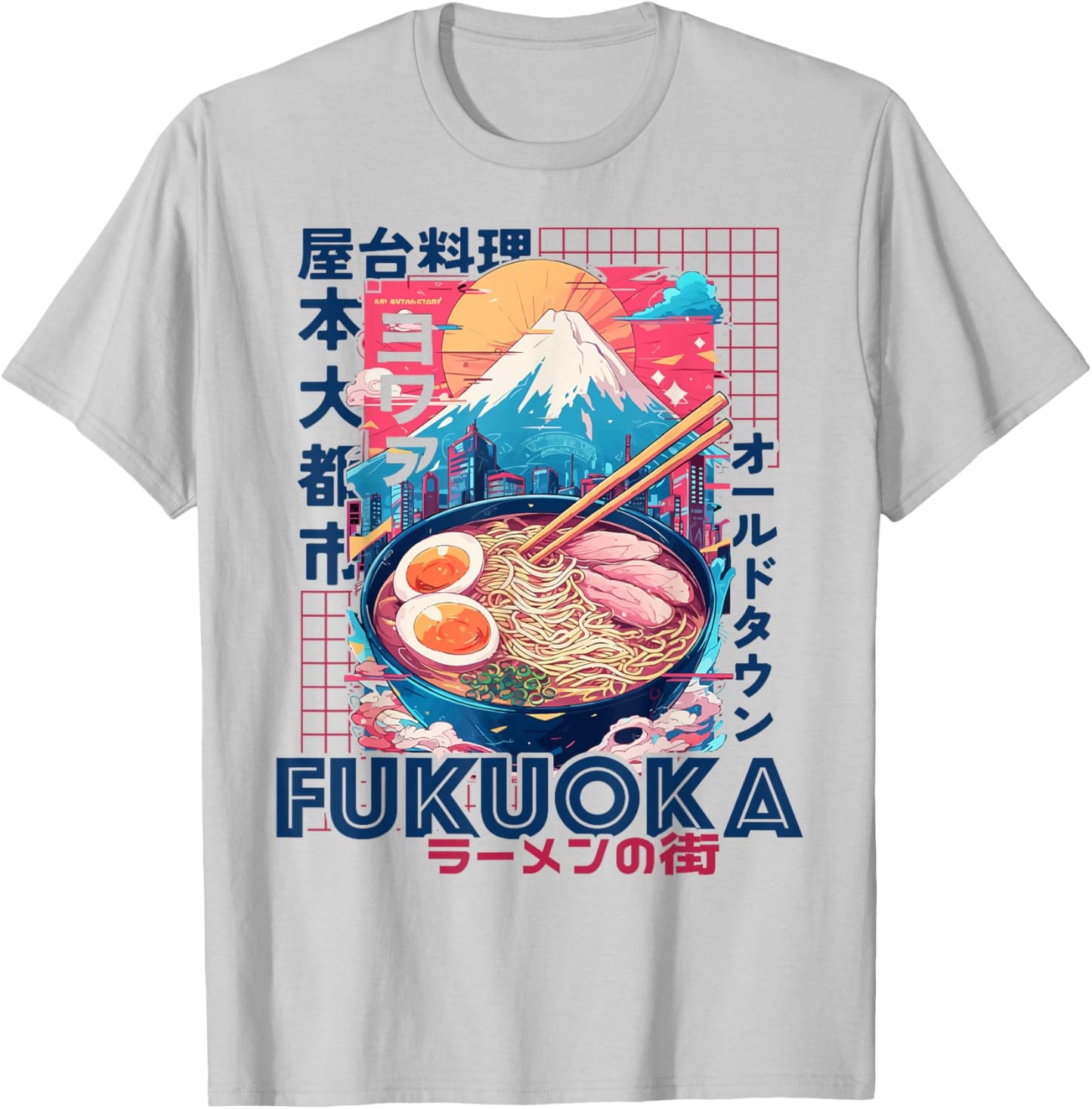 Fukuoka City 80s Synthwave Ramen Bowl of Japan T-Shirt - T-Shirt | Ash