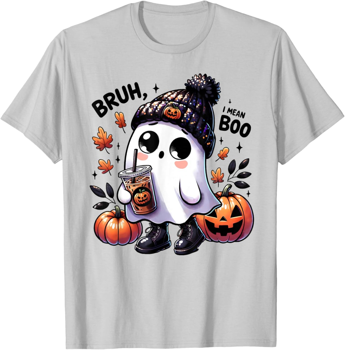 Bruh I Mean Boo Funny Ghost Jack O Lantern Coffee Halloween T-Shirt - T-Shirt | Ash