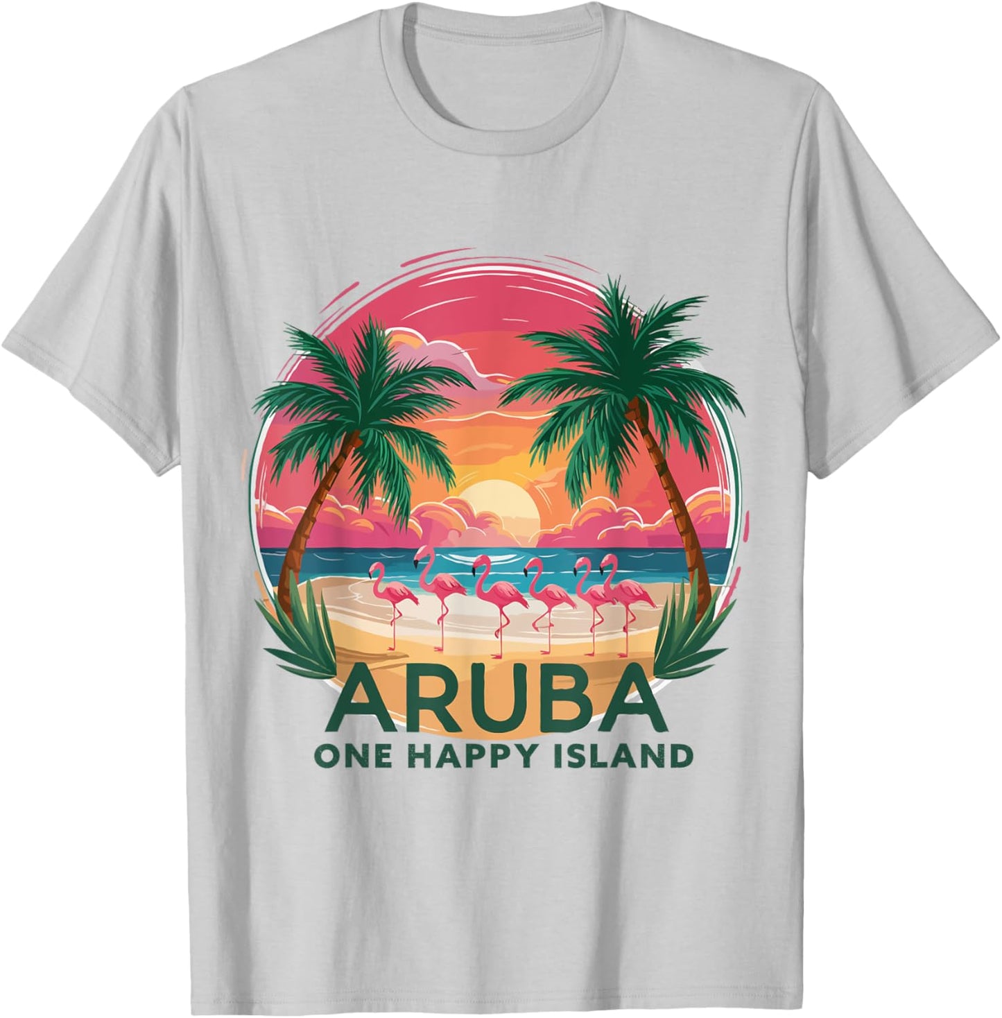 Aruba's One Happy Island beautiful sunset beach Flamingo T-Shirt - T-Shirt | Ash