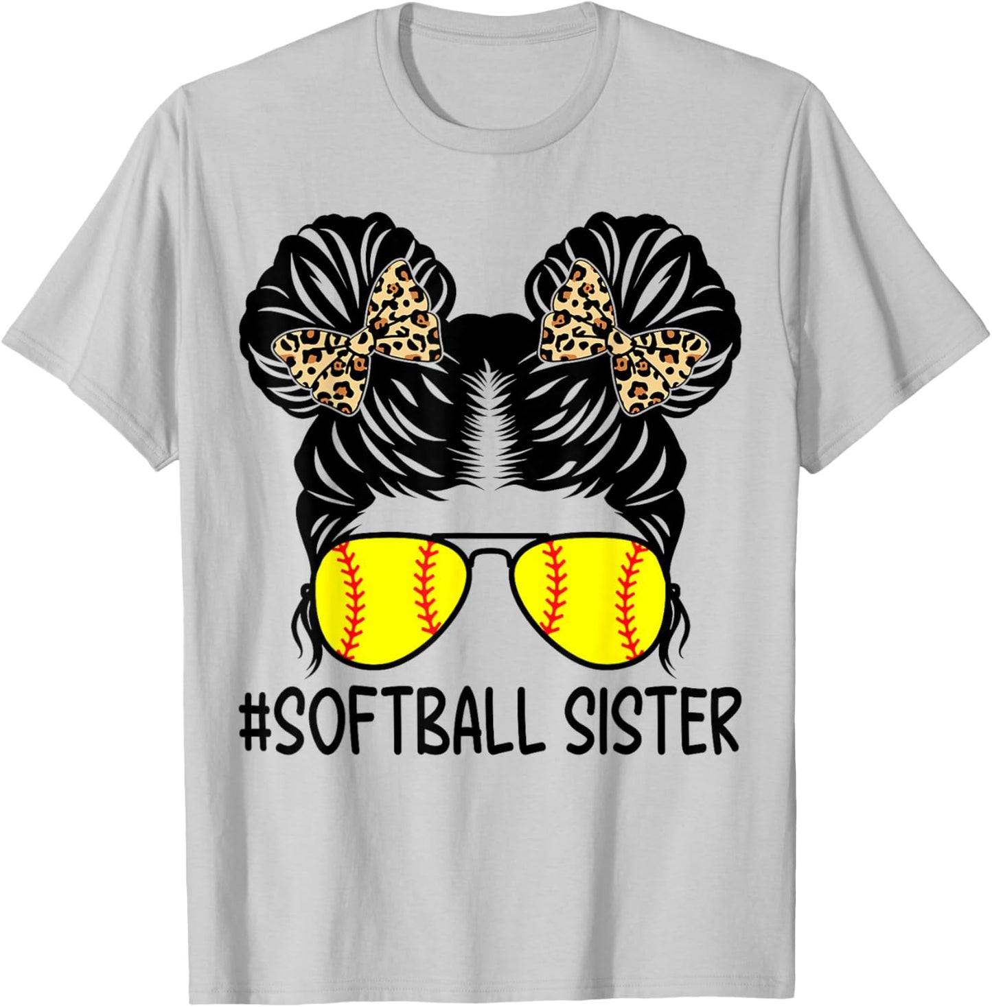 Softball Sister Leopard Messy Bun Softball Sister T-Shirt - T-Shirt | Ash