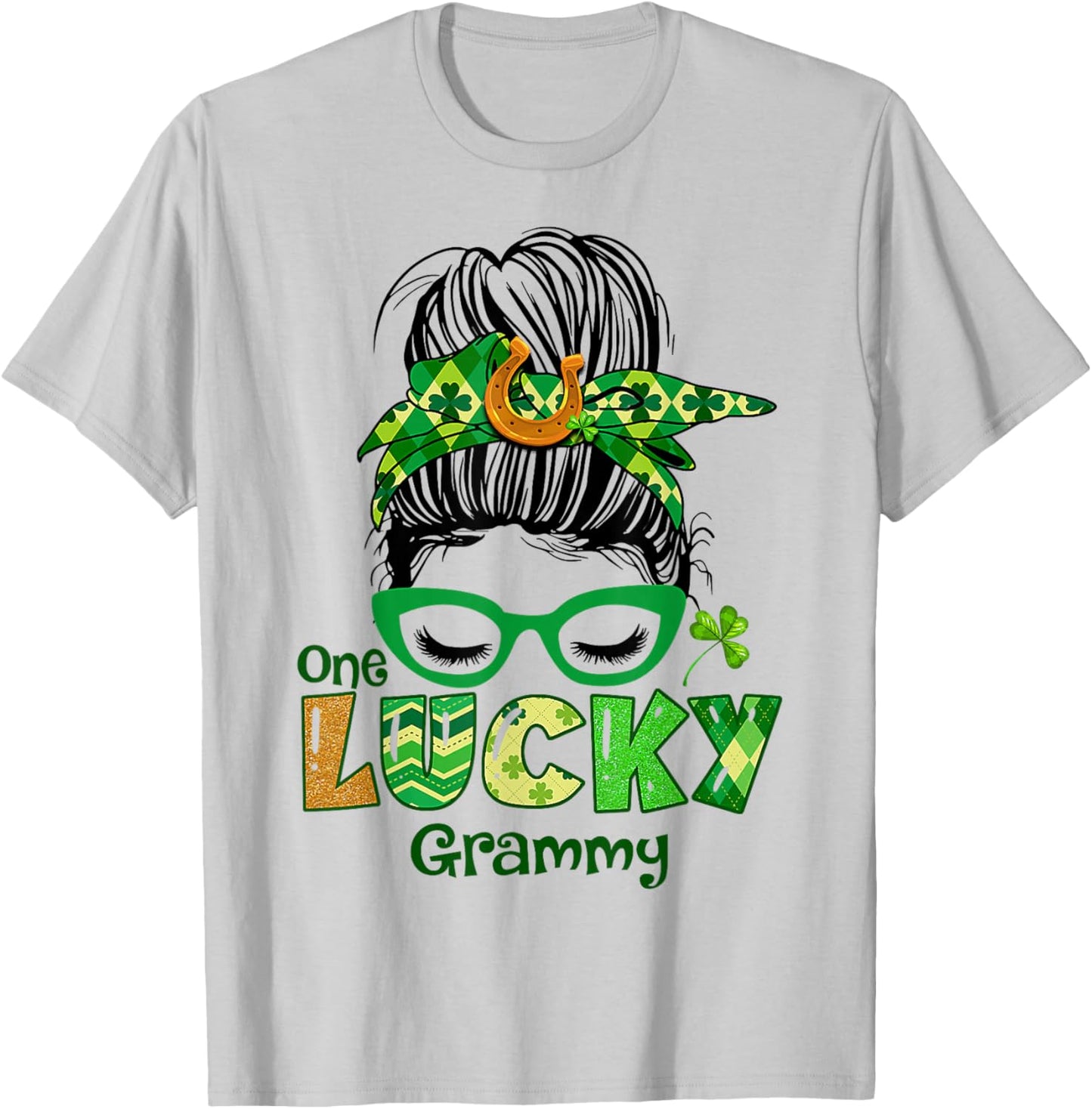 One Lucky Grammy Messy Bun Leopard St Patricks Day Shamrock T-Shirt - T-Shirt | Ash