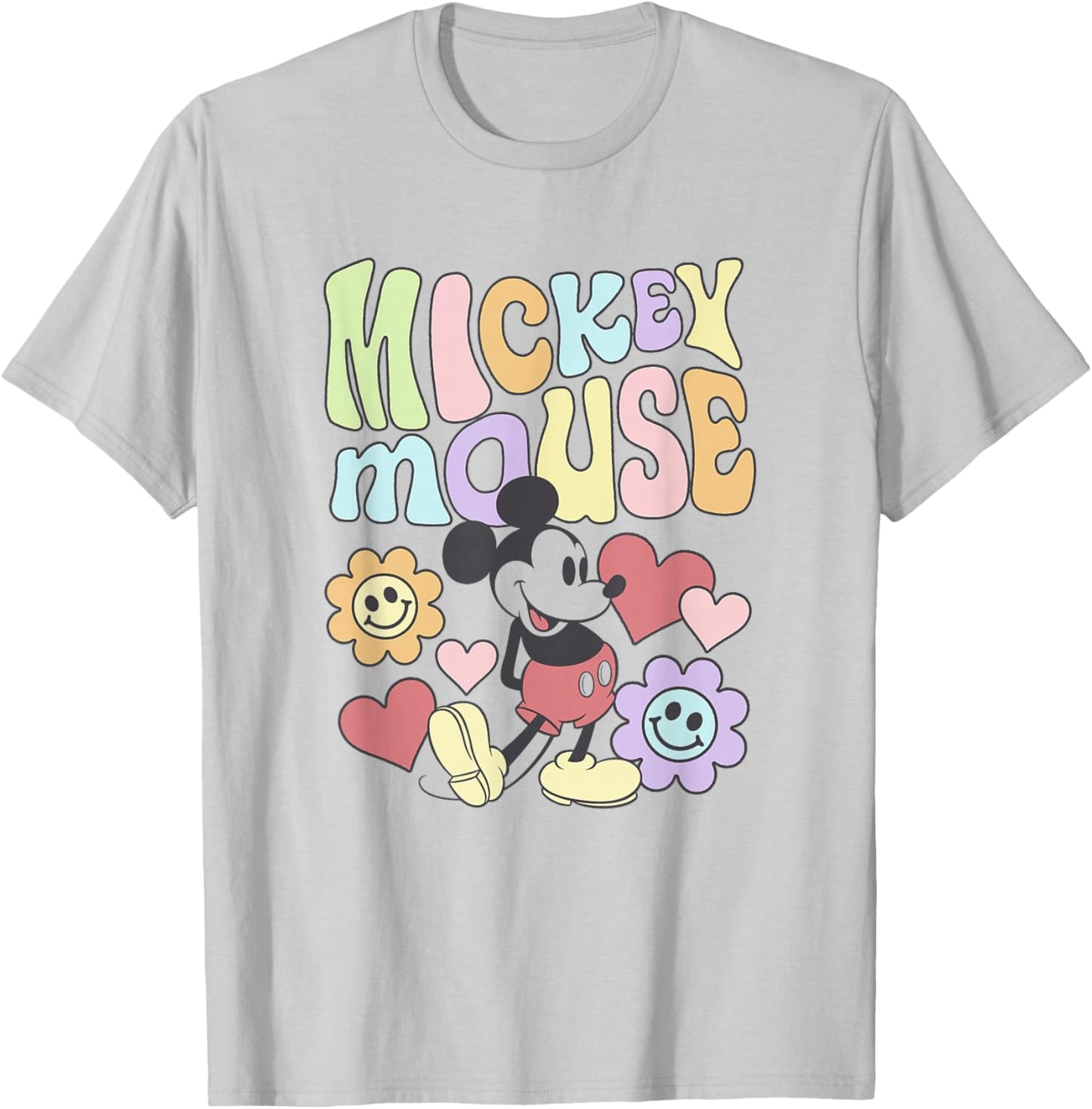 Disney Mickey and Friends Groovy 70's Retro Floral Text Icon T-Shirt - T-Shirt | Ash