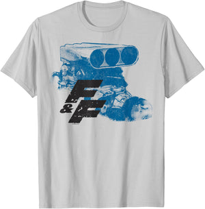 Fast & Furious Blue Hue Engine Block Distressed Logo T-Shirt - T-Shirt | Ash
