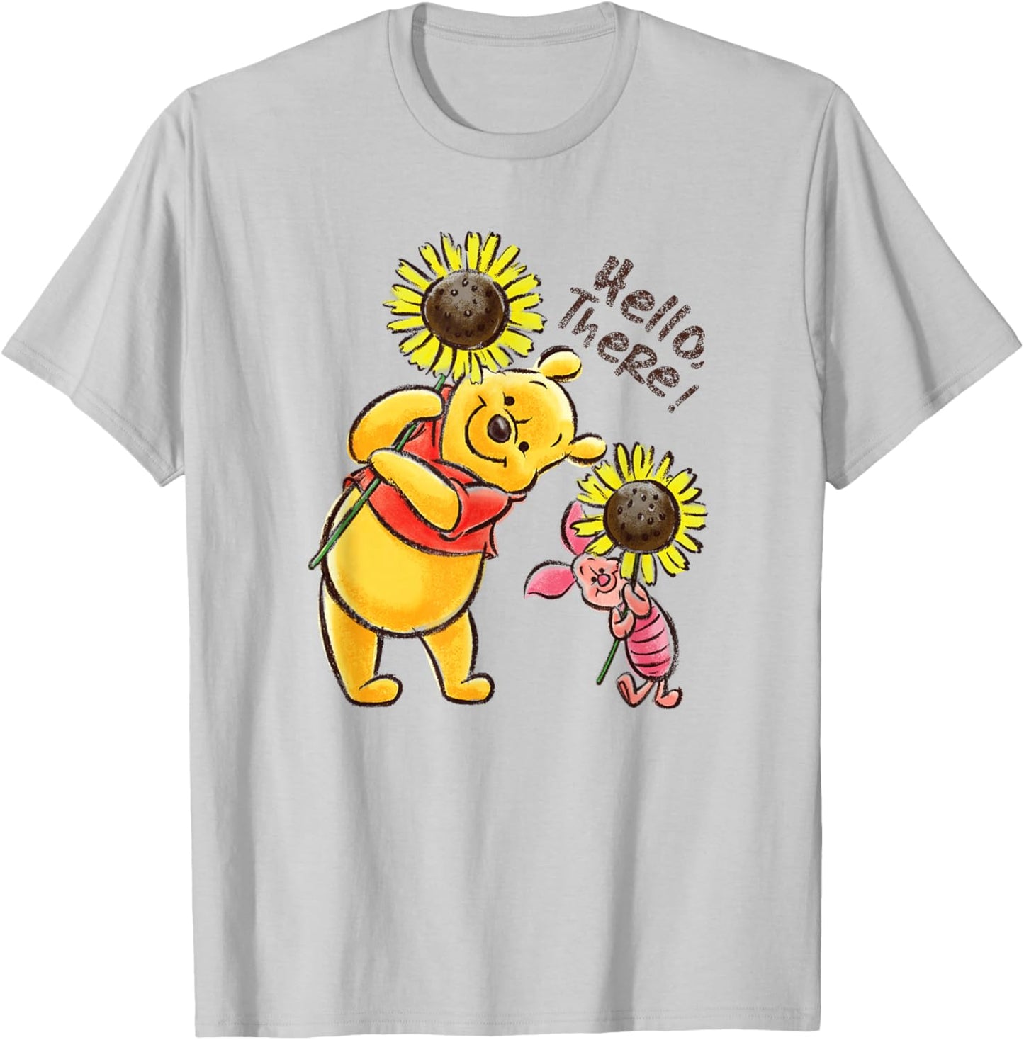 Disney Winnie The Pooh & Piglet Hello There! Sunflowers T-Shirt - T-Shirt | Ash