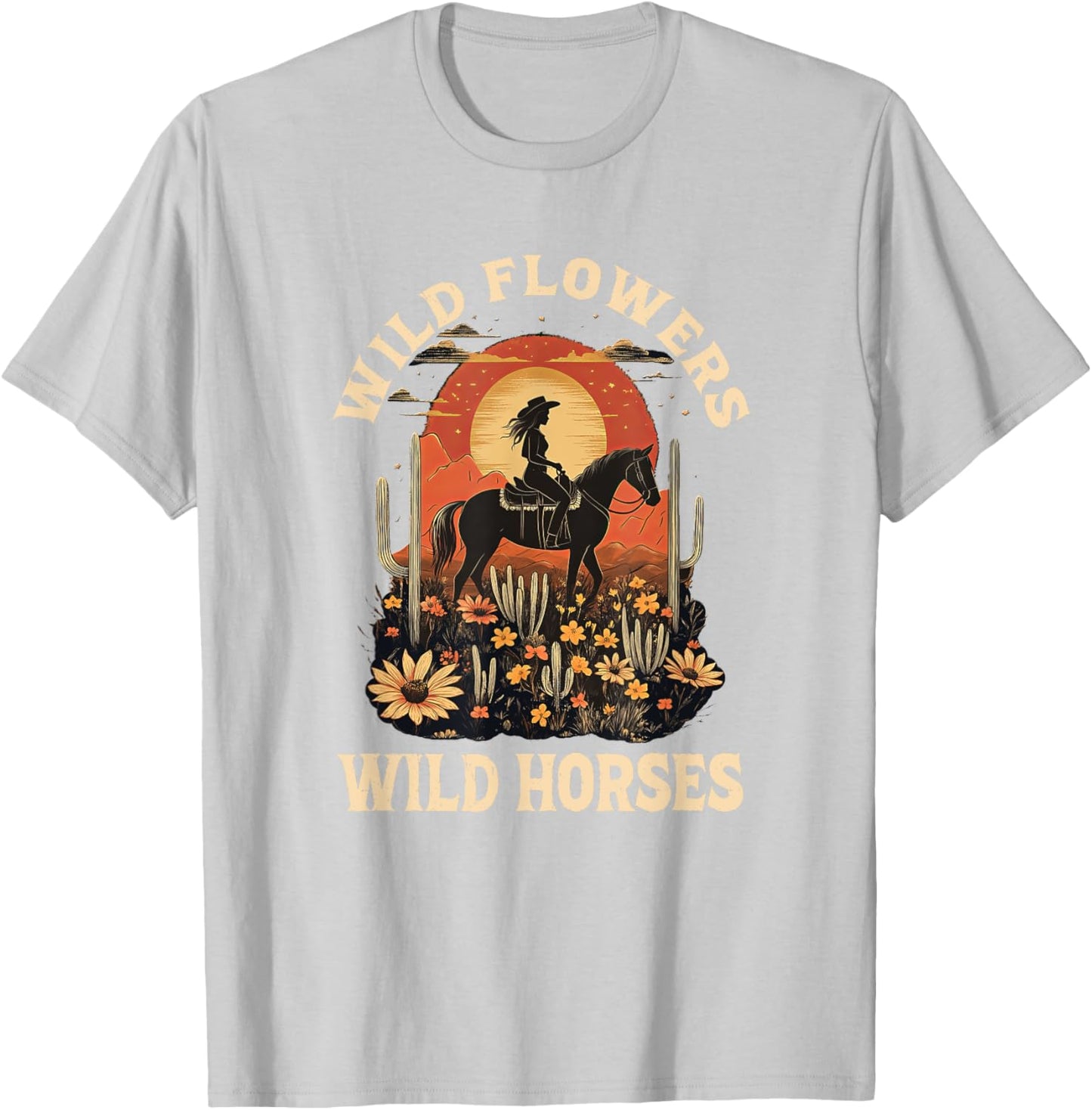 Western Sunset Cowgirl Riding Horse Wild Flowers Wild Horses T-Shirt - T-Shirt | Ash