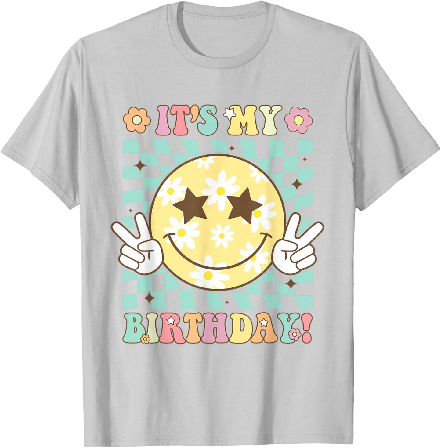 Groovy It's My Birthday Women Teens Girls Retro Smile Face T-Shirt - T-Shirt | Ash