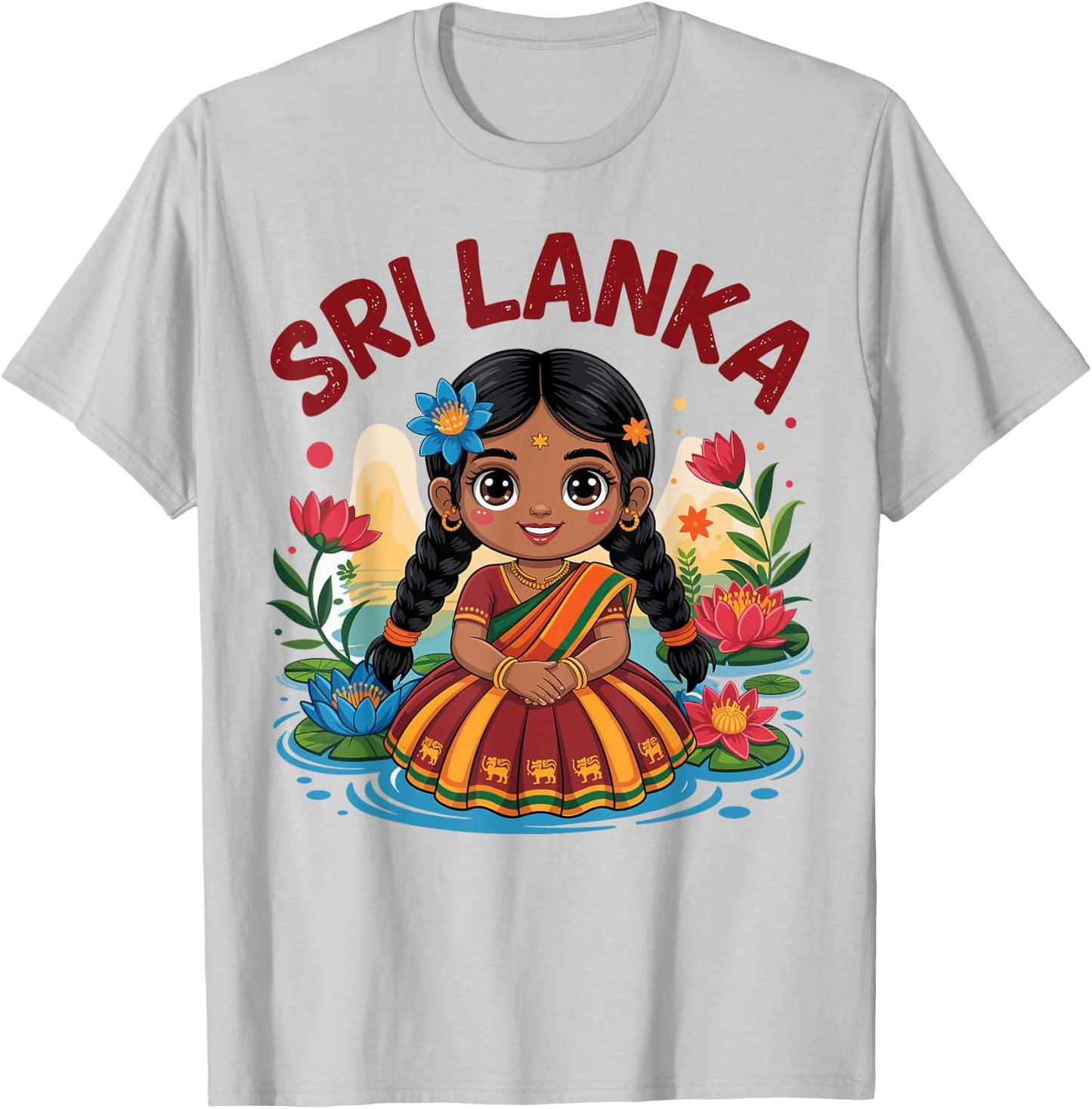 Sri Lankan Girl in Traditional Dress with Lotus Flowers Kids T-Shirt - T-Shirt | Ash