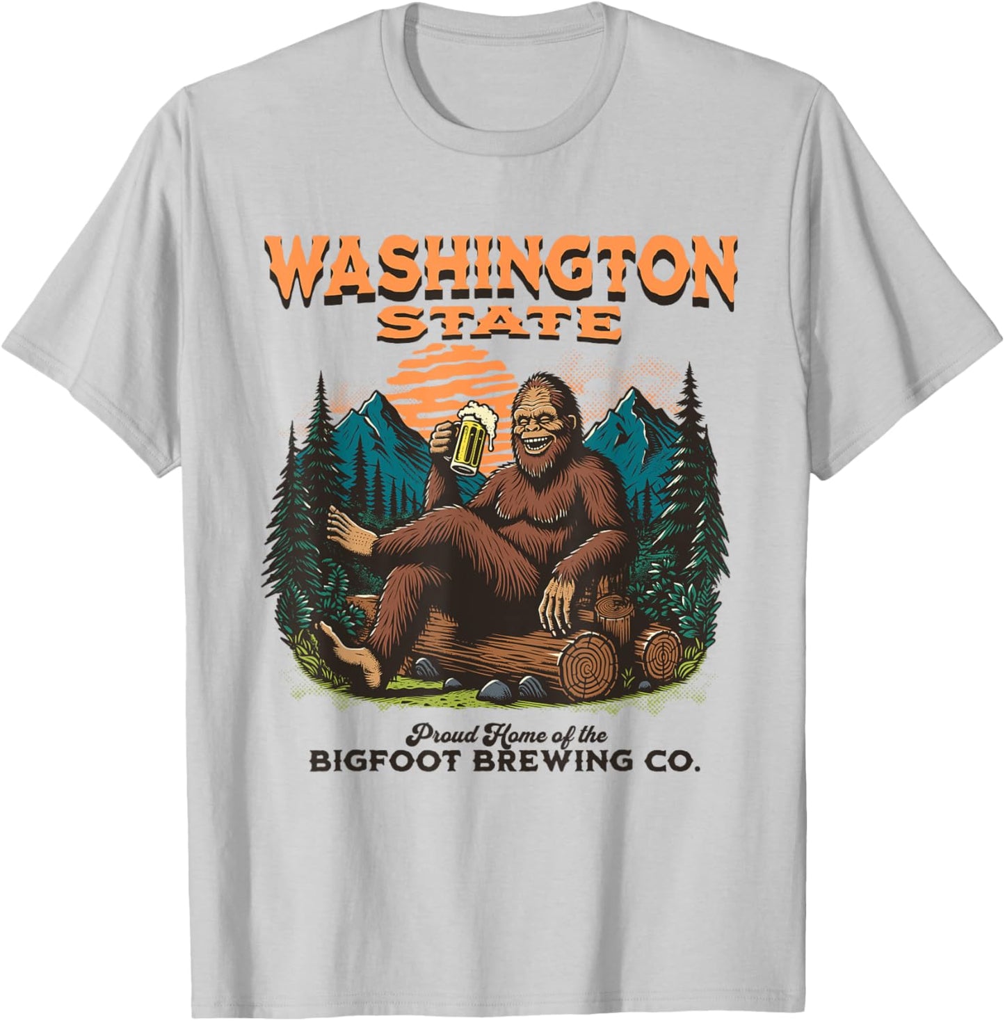 State of Washington Funny Bigfoot Drinking Beer Sasquatch T-Shirt - T-Shirt | Ash