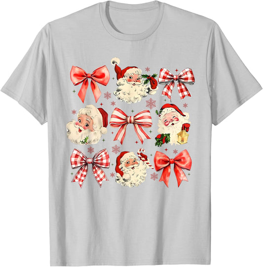 Retro Coquette Santa Red Bows Christmas Girl T-Shirt - T-Shirt | Ash