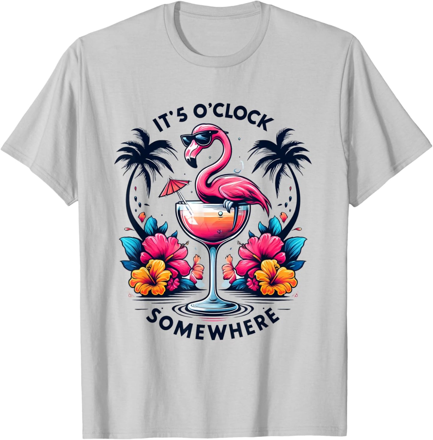 It's 5 O'Clock Somewhere Flamingo Beach Vacation Drinking Women T-Shirt - T-Shirt | Ash
