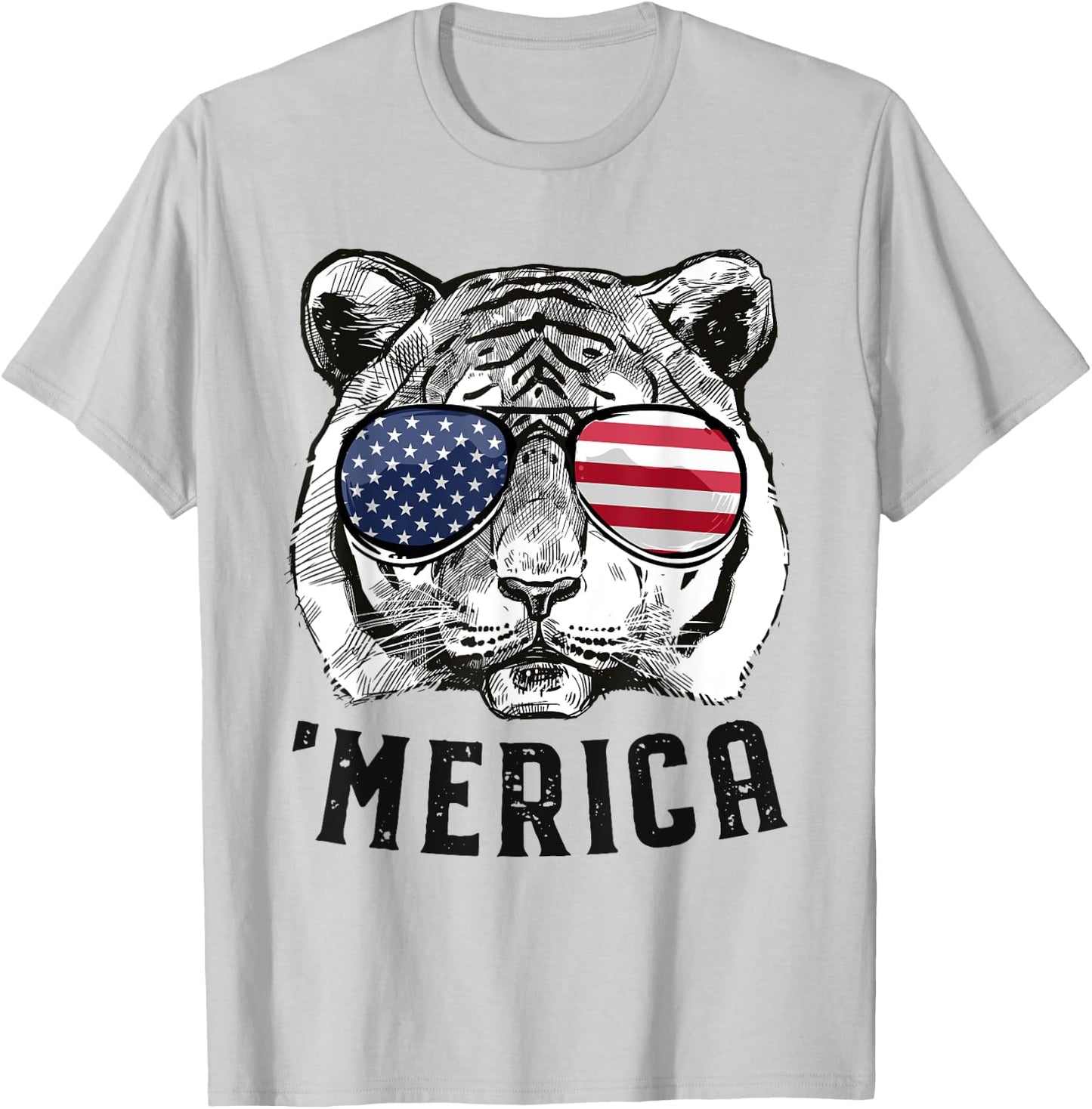 Tiger American Flag 4th of July Merica Sunglasses T-Shirt - T-Shirt | Ash