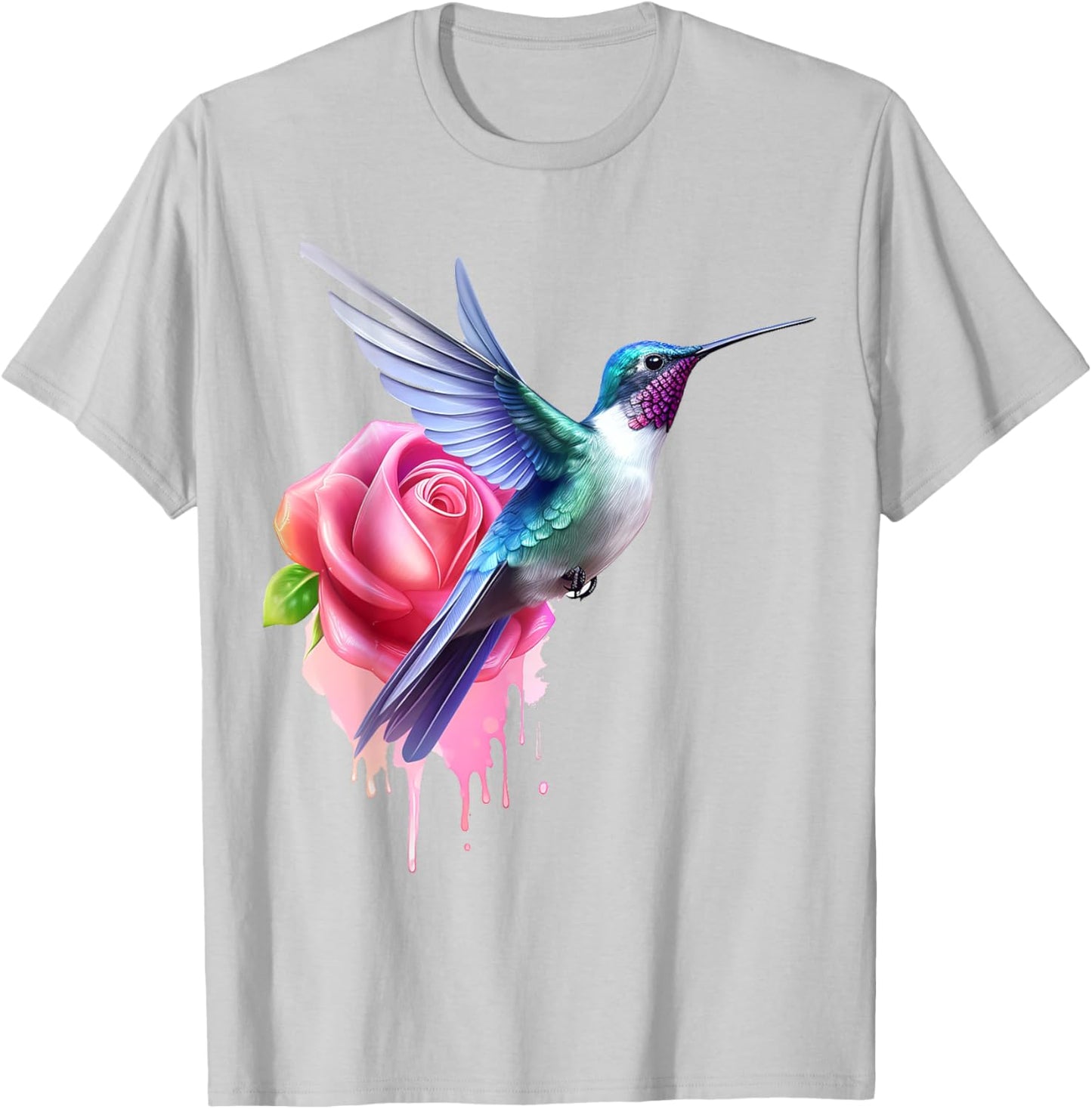 Hummingbird Art Rose Animal Colorful Graphic Hummingbird T-Shirt - T-Shirt | Ash