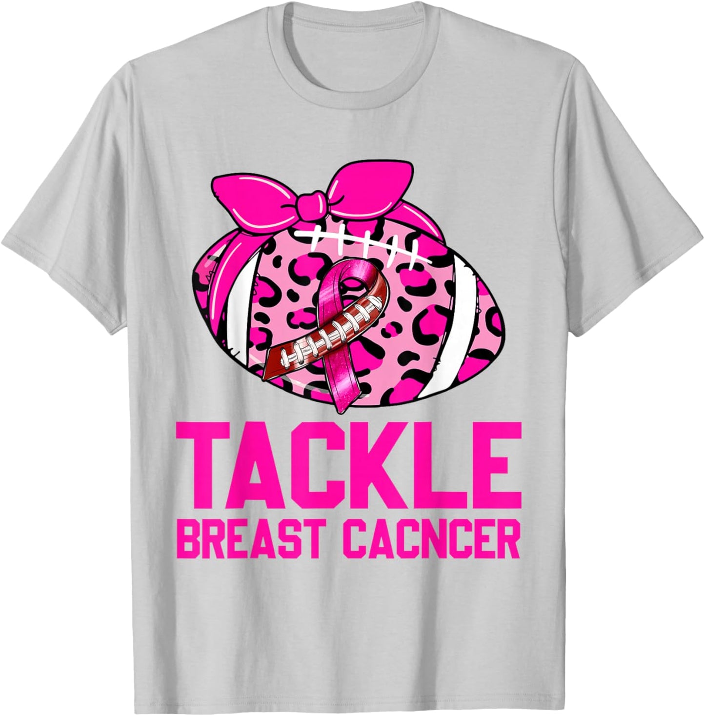 Womans Tackle Football Pink Ribbon Breast Cancer Awareness T-Shirt - T-Shirt | Ash