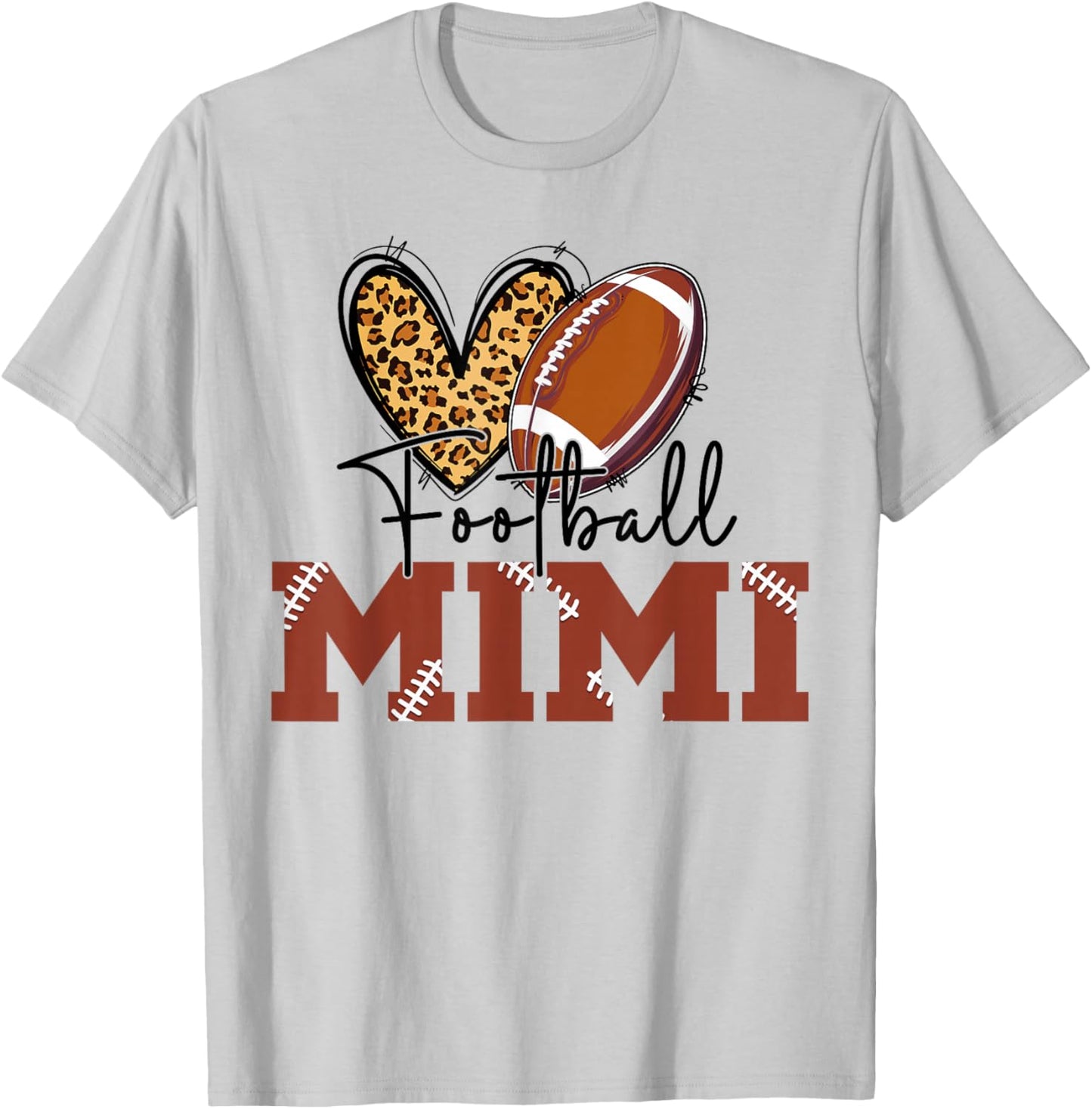 Football Mimi Leopard Heart Football Lover T-Shirt - T-Shirt | Ash