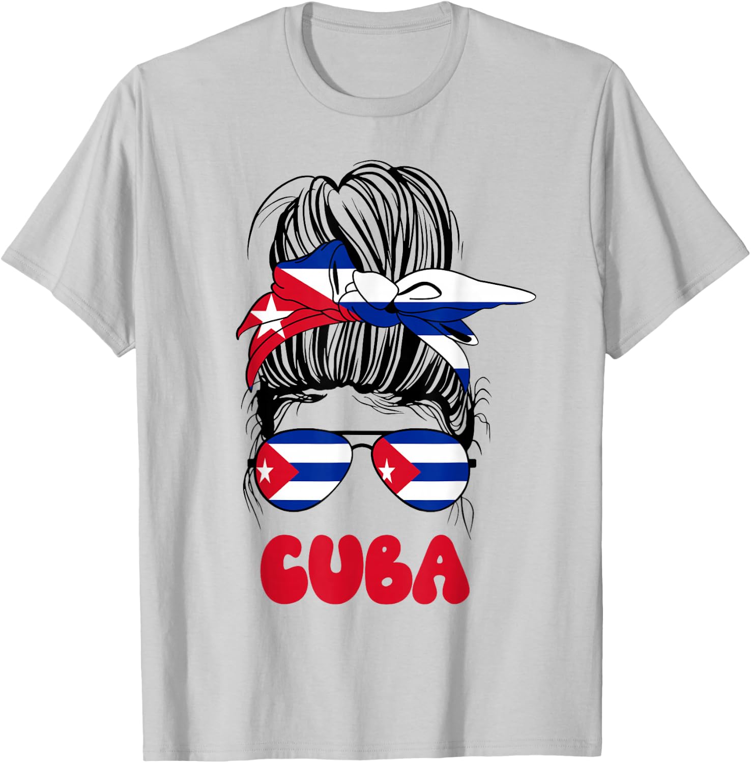 Cuban Women Messy Bun Proud Cuba Flag For Girls T-Shirt - T-Shirt | Ash