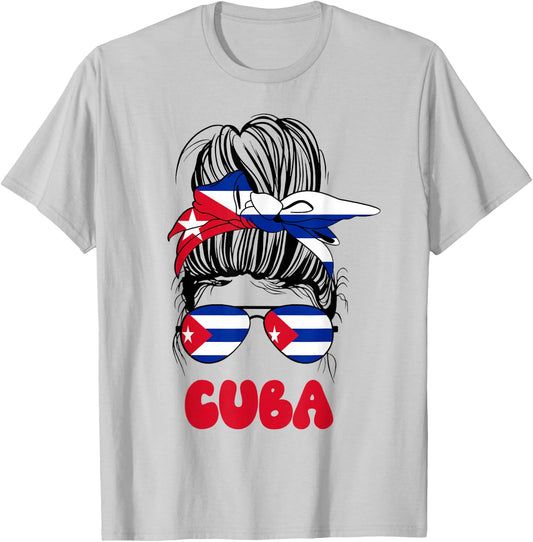 Cuban Women Messy Bun Proud Cuba Flag For Girls T-Shirt - T-Shirt | Ash