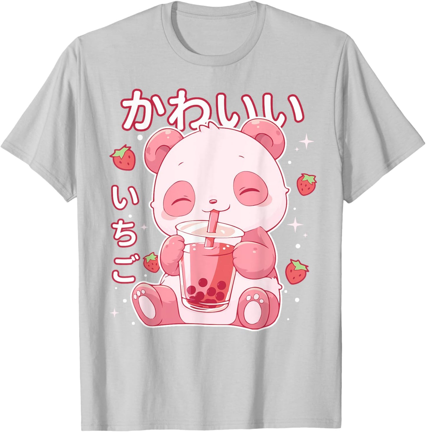 Kawaii Panda Strawberry Boba Milk Japanese Anime aesthetic T-Shirt - T-Shirt | Ash