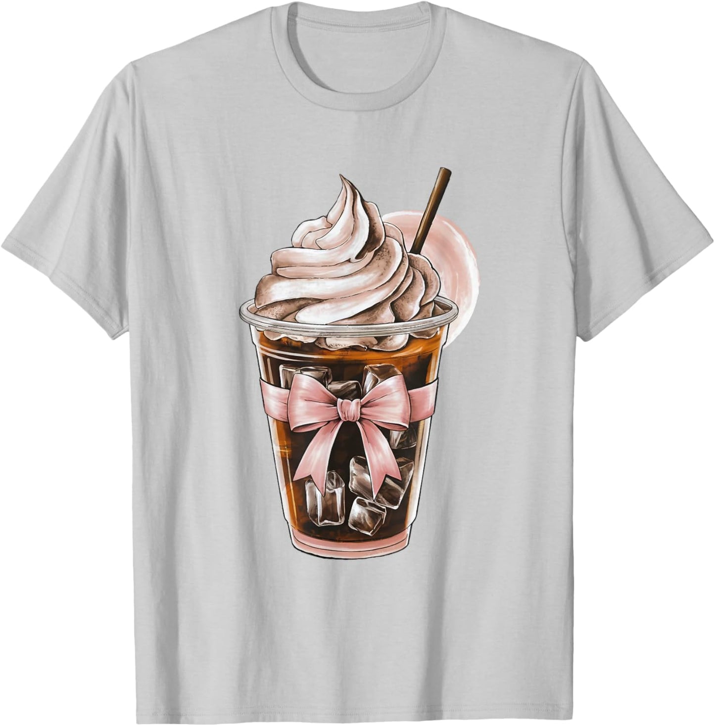 Cute Pink Bow Coquette Iced Coffee Lover Girl Aesthetic Mom T-Shirt - T-Shirt | Ash