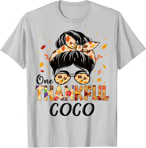 Coco One Thankful Messy Bun Grandma Thanksgiving Fall Autumn T-Shirt - T-Shirt | Ash