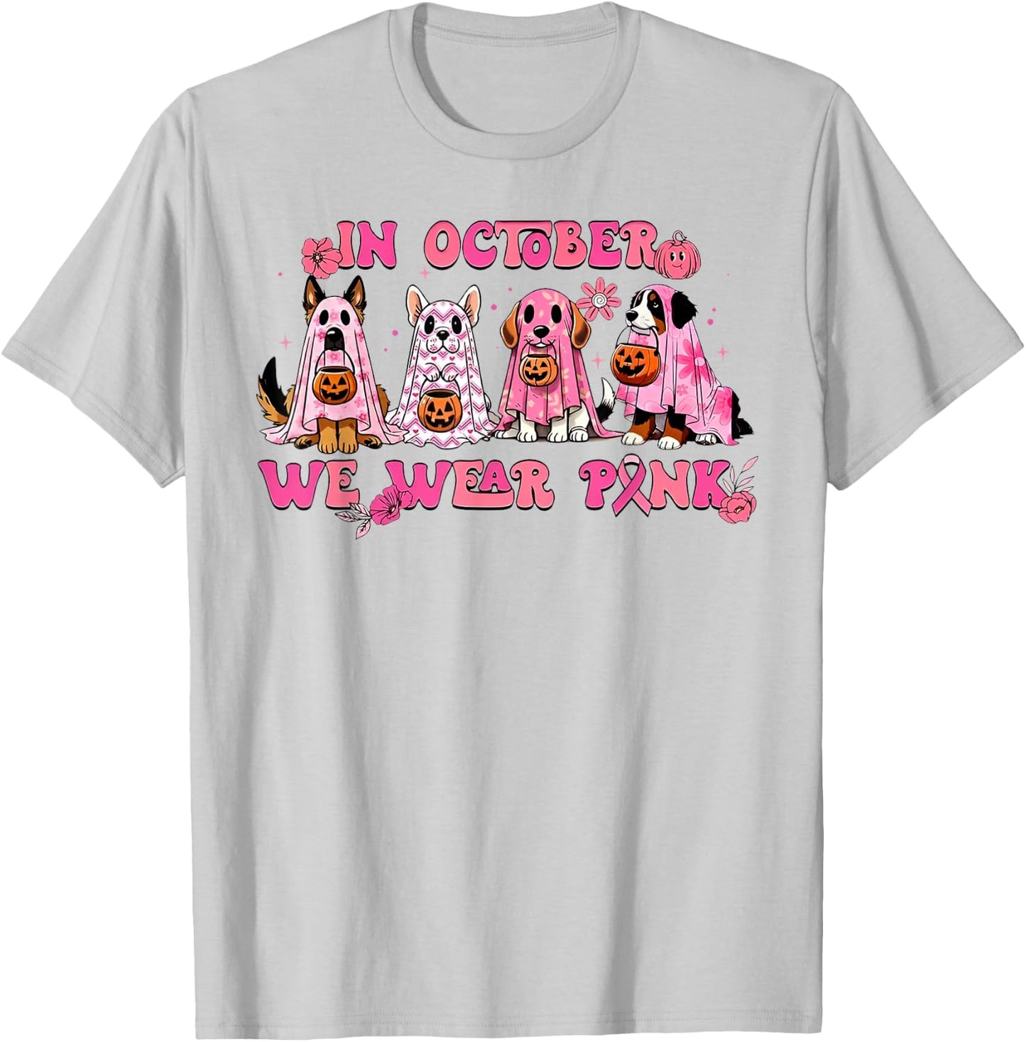 In October We Wear Pink Dog Ghost Breast Cancer Awareness T-Shirt - T-Shirt | Ash