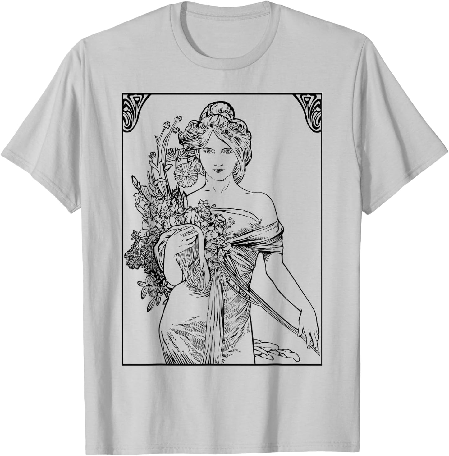 Art Nouveau Girl Holding Wild Flowers T-Shirt - T-Shirt | Ash