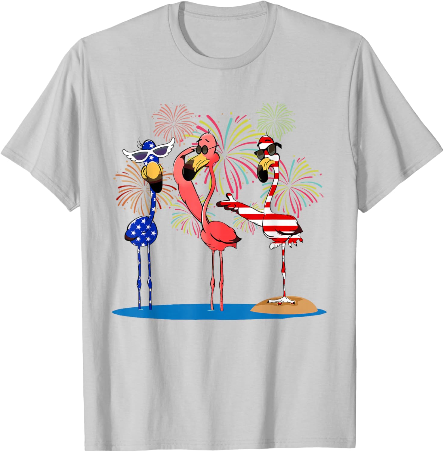 Flamingos And Fireworks Red White Blue 4th Of July American T-Shirt - T-Shirt | Ash