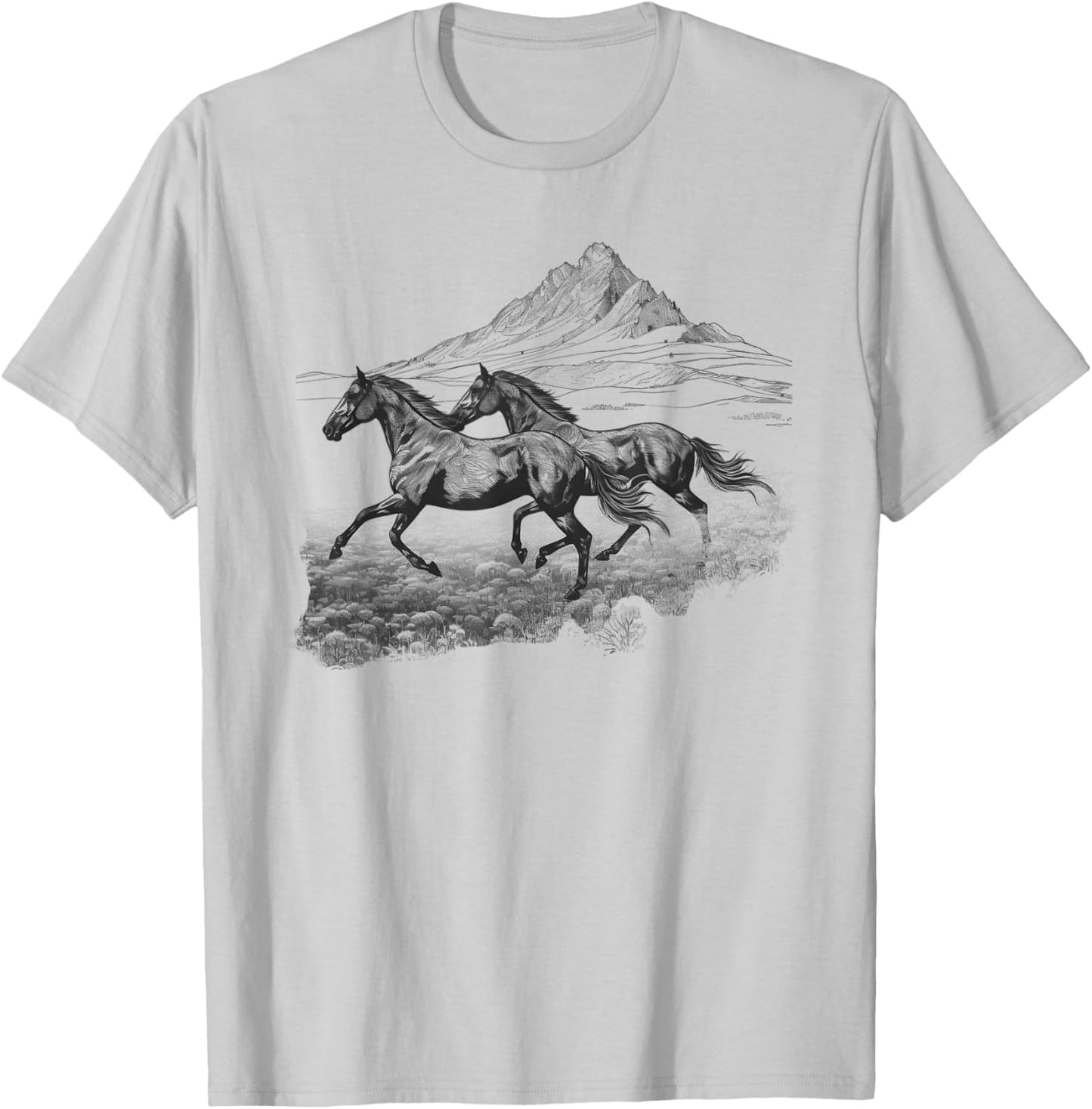 Wild Running Horses Vintage Art Portrait Equestrian Graphic T-Shirt - T-Shirt | Ash