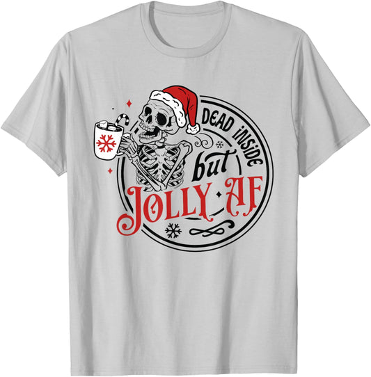 Retro Dead Inside But Jolly AF Skeleton Coffee Christmas T-Shirt - T-Shirt | Ash