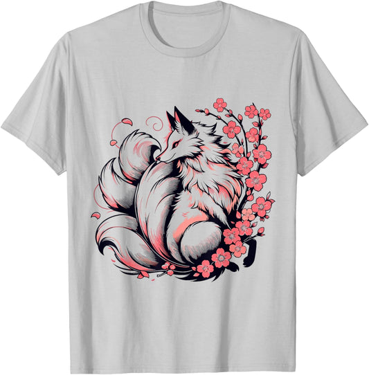 Retro Japanese Kitsune Nine Tailed Fox Cherry Blossom Anime T-Shirt - T-Shirt | Ash