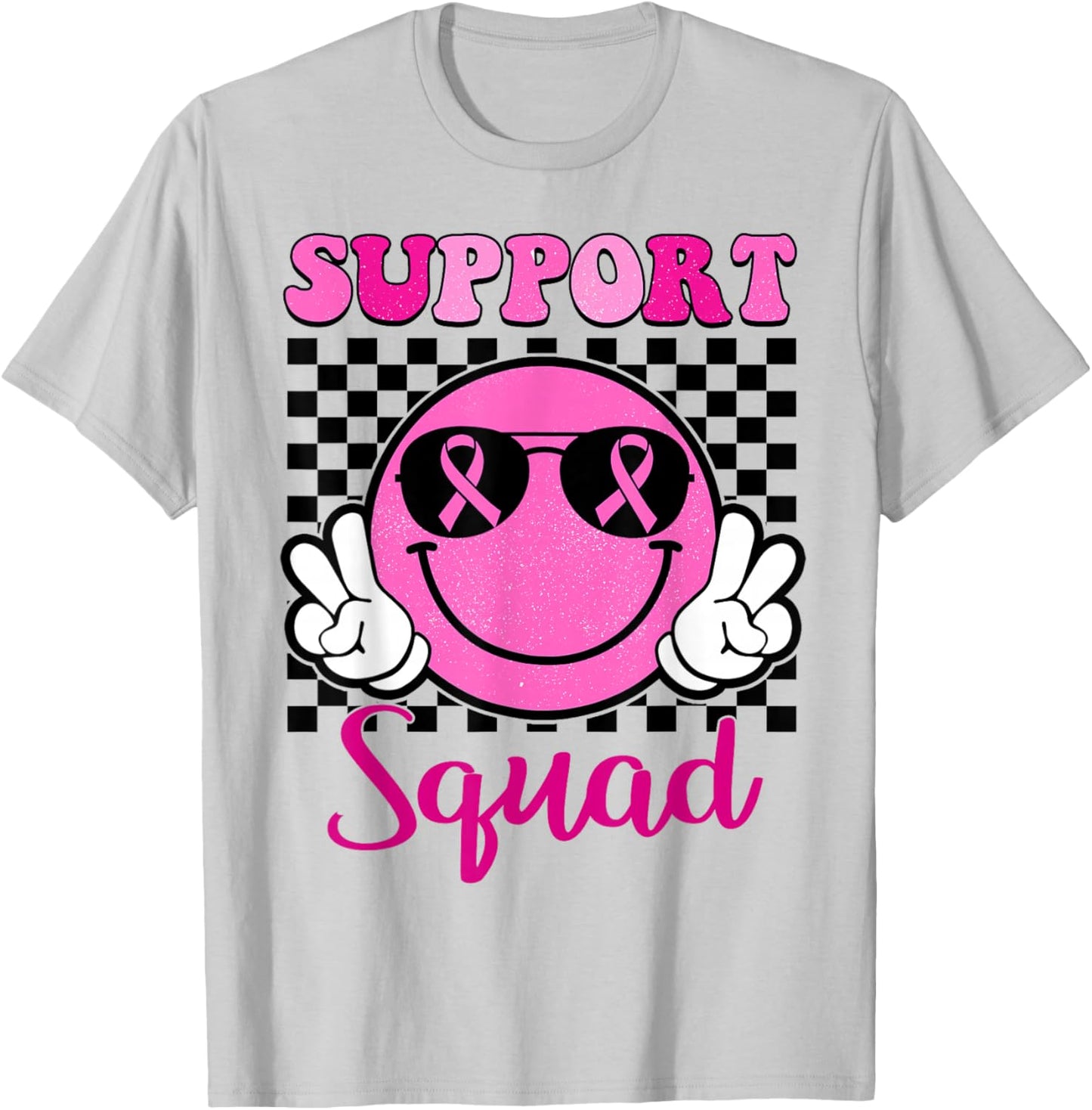 Groovy Breast Cancer Awareness Men Women Kids Support Squad T-Shirt - T-Shirt | Ash