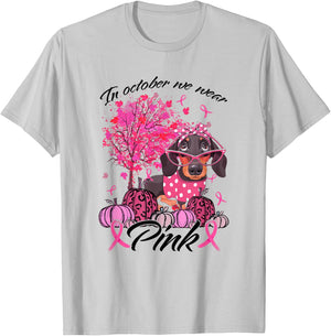 Breast Cancer Awareness In October We Wear Pink Dachshund T-Shirt - T-Shirt | Ash