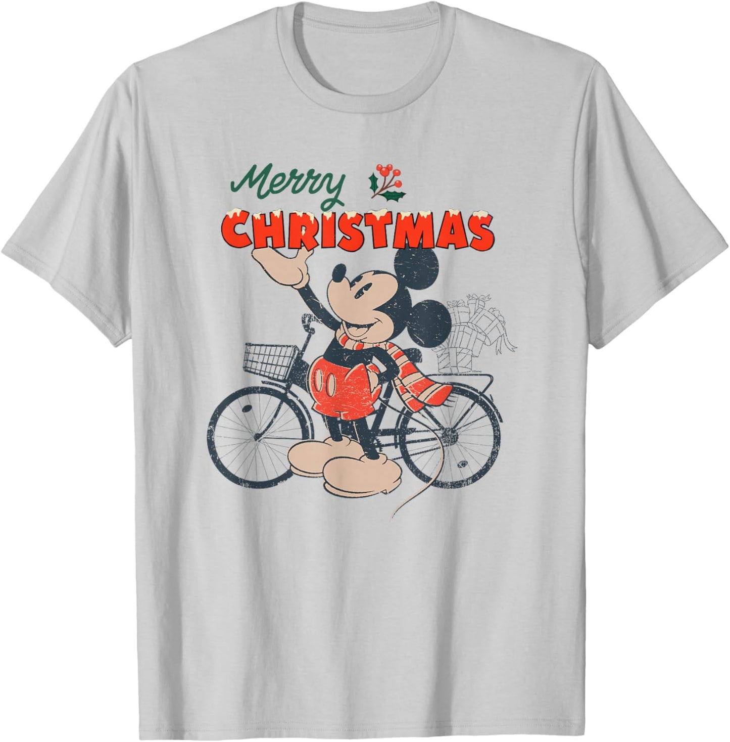 Disney Mickey Mouse Merry Christmas Bicycle Retro Distressed T-Shirt - T-Shirt | Ash