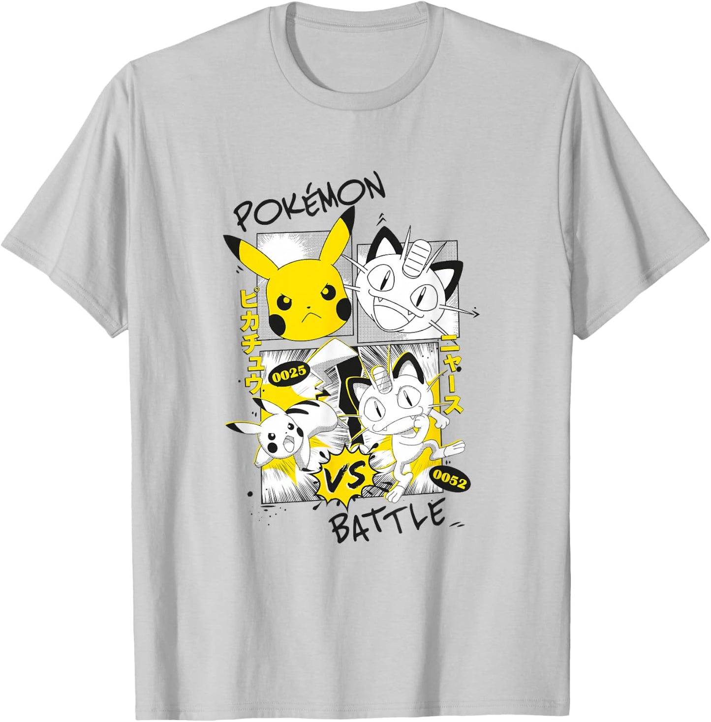 Pokémon Pikachu Vs Meowth Retro Panels Kanji Big Chest T-Shirt - T-Shirt | Ash