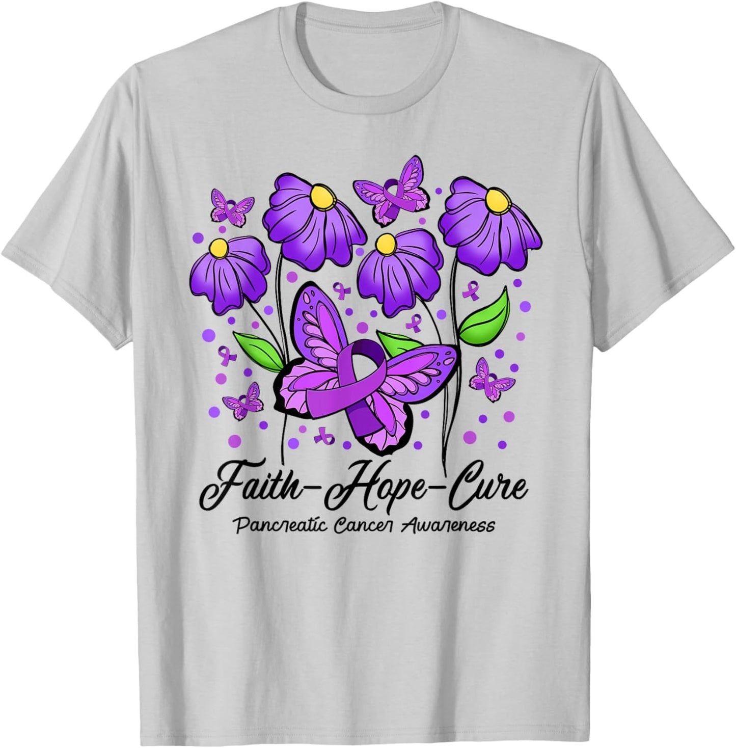 Faith Hope Cure Flower Butterfly Pancreatic Cancer T-Shirt - T-Shirt | Ash