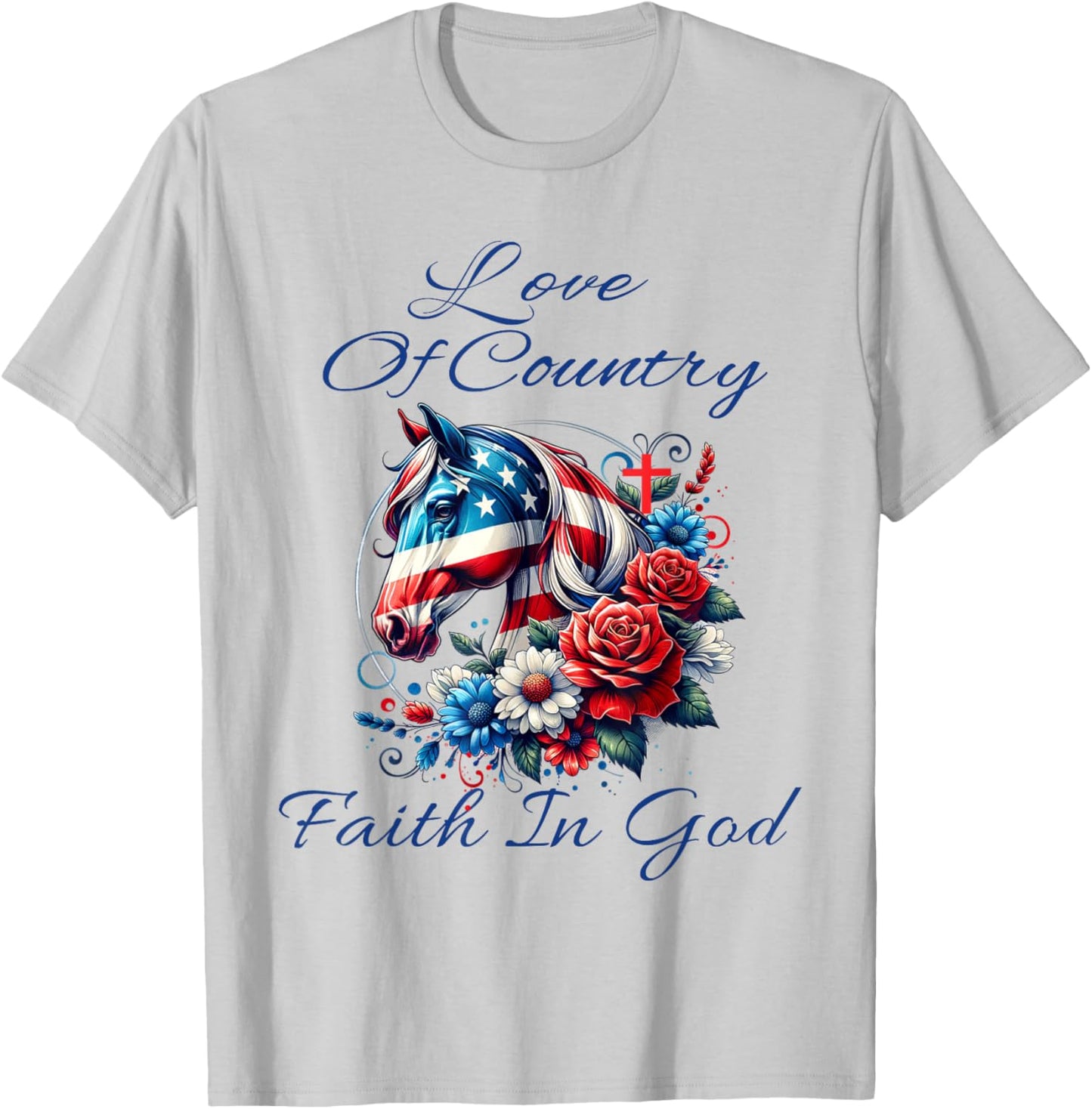 Patriotic Christian Faith In God Cool Horse Lady & Cross T-Shirt - T-Shirt | Ash