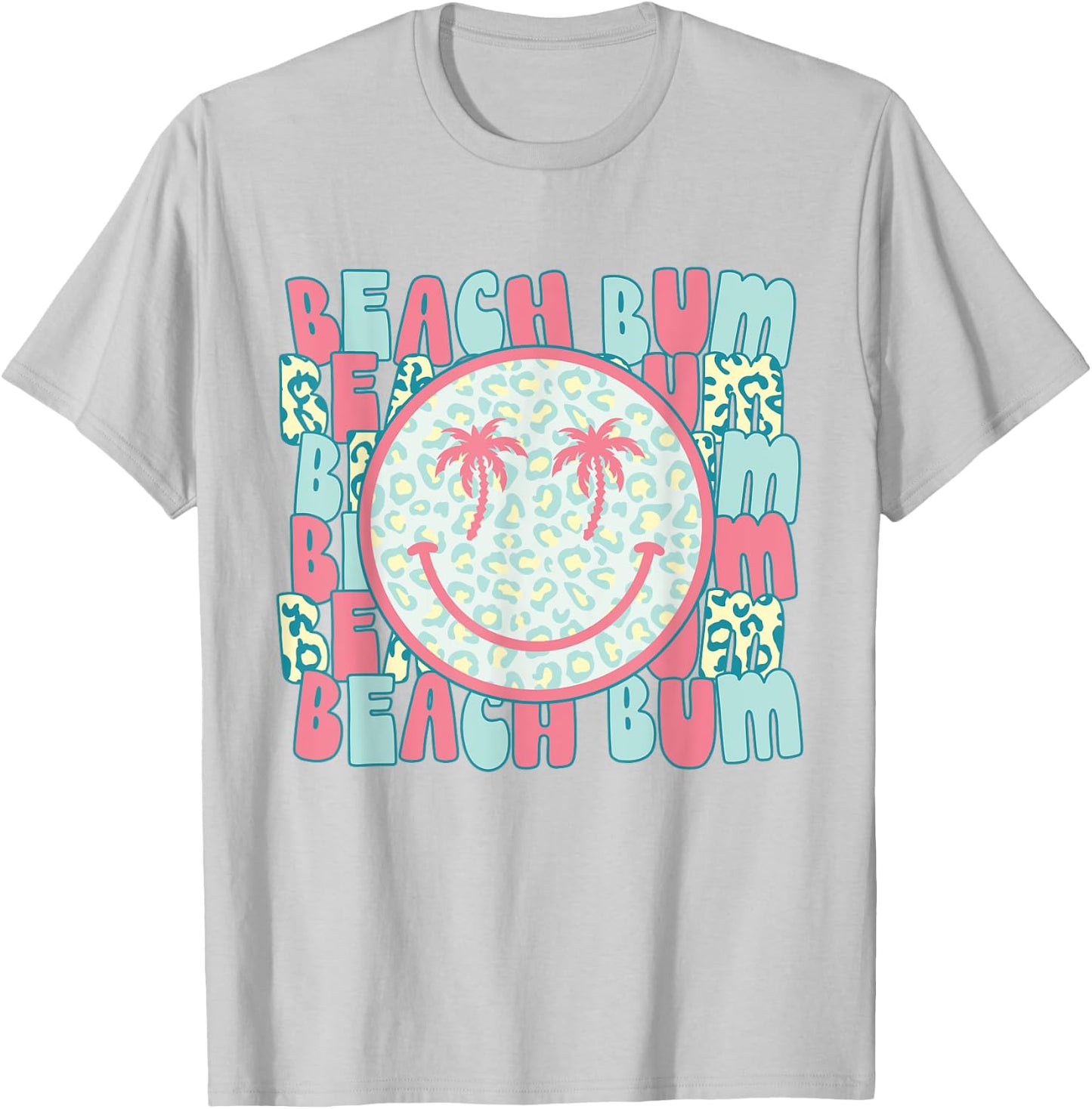 Retro Leopard Happy Face Palm Tree Eyes Beach Bum Smile Face T-Shirt - T-Shirt | Ash