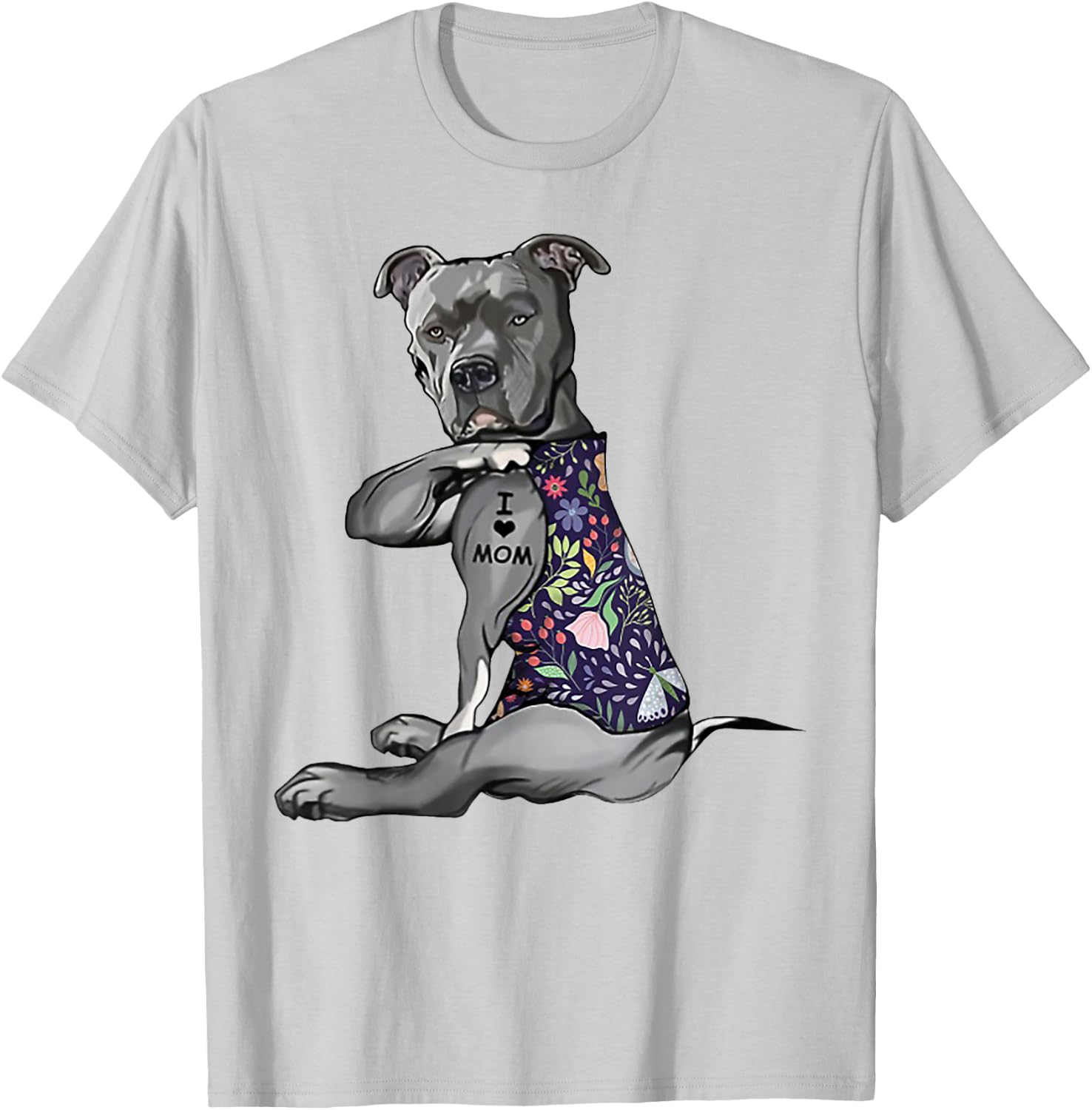 Pitbull I Love Mom Funny Pitbull Tattooed T-Shirt - T-Shirt | Ash